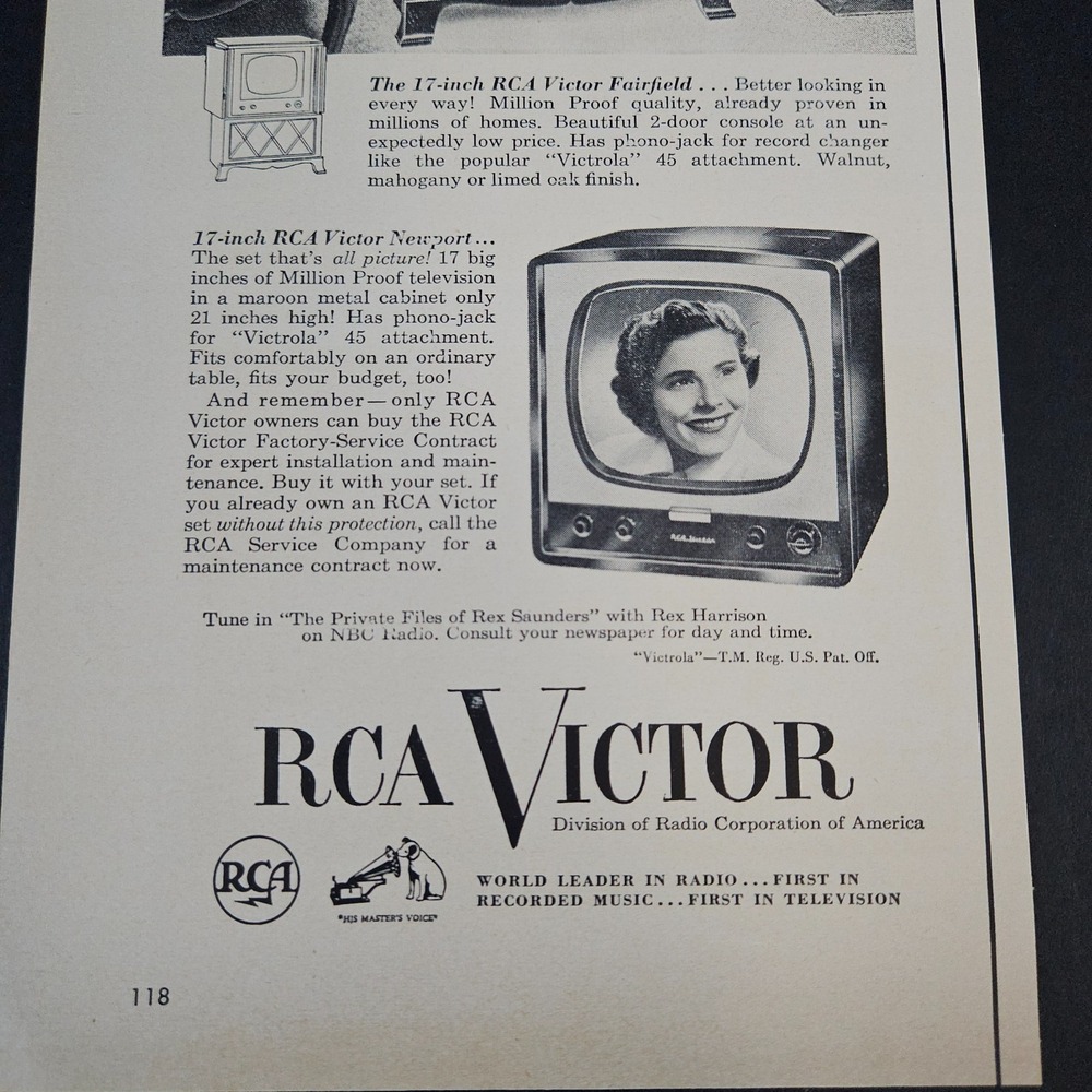 1951 RCA Victor‎ Radio Corporation of America Fairfield TV Set Vintage Print Ad